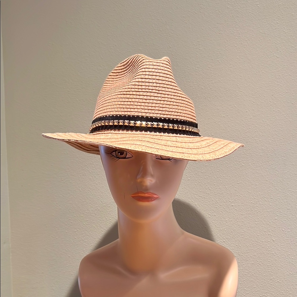Bebe Stylish Tan Fedora Hat with Black Band And Gold Studs